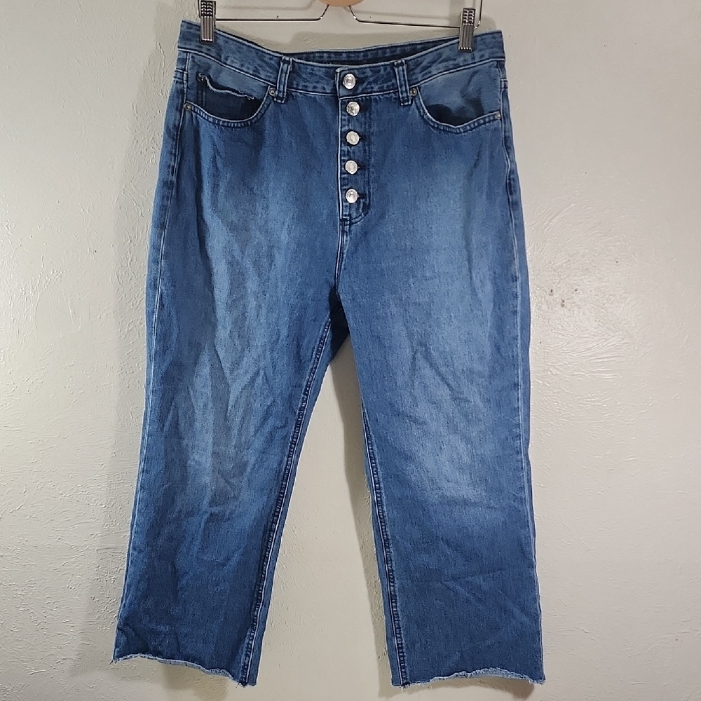 Michael Kors Cropped Exposed Button Jeans Slightly Distressed Hem Size 14
